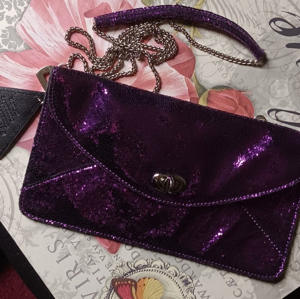 Sorial Leather Purple Metallic Envelope Style Bag Purse.